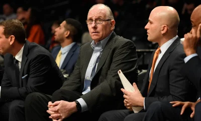 Coach Jim Larranaga, center, with then-assistant coach Chris Caputo, right, at Miami (photo via Miami Athletics)