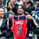 Jayden Daniels courtside for Wizards-Knicks (photo via @WashWizards/X)
